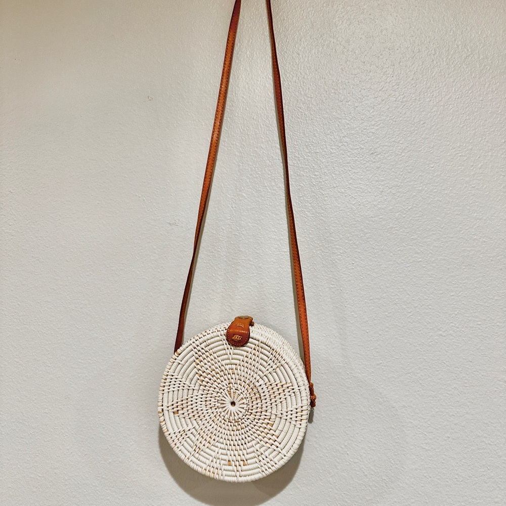 Round Woven Cream Bag with Brown Strap